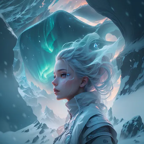 ModelShoot style, (Extremely detailed Cg Unity 8K wallpaper),cyber punk perssonage [Snowy mountain landscape with fog，South Pole，aurora，snow mountains，Igloo]，Ice sculpture palace，Ice block house，The palace of the Ice Queen，Immerse yourself in the beautiful...