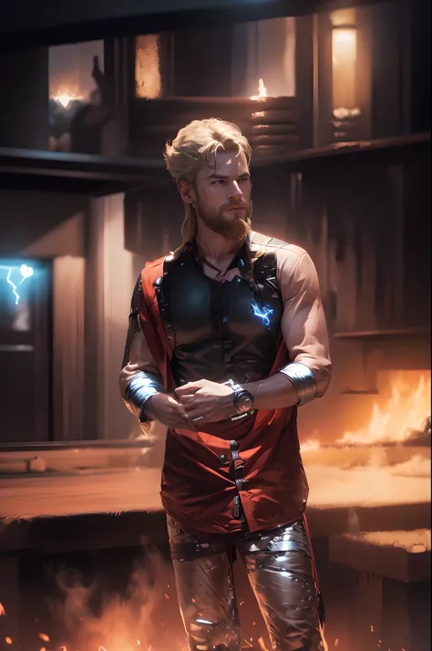 THOR GOD OF THUNDER.Orginal face stay.change  dress.look like thor electricity. Background avengers cover