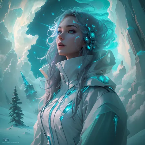 ModelShoot style, (Extremely detailed Cg Unity 8K wallpaper),cyber punk perssonage [Snowy mountain landscape with fog，South Pole，aurora，snow mountains，Igloo]，Ice sculpture palace，Ice block house，The palace of the Ice Queen，Immerse yourself in the beautiful...