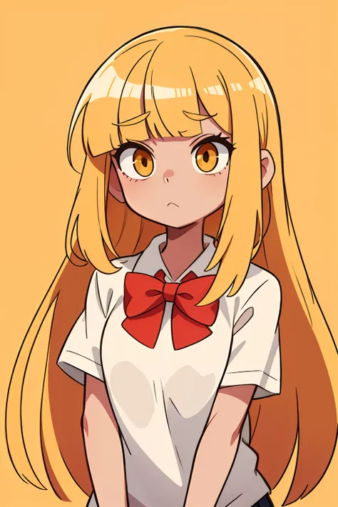 long straight yellow hair, straight bangs, white  shirt, red bow on shirt, Yellow eyes