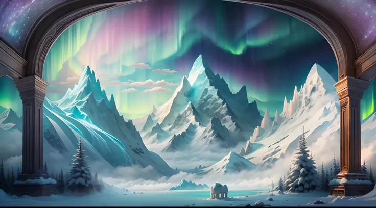 Snowy mountain landscape with fog，South Pole，aurora，snow mountains，Igloo]，Ice sculpture palace，Ice block house，Immerse yourself in the beautiful aurora，Live in the clouds of the starry sky，Behind the clouds