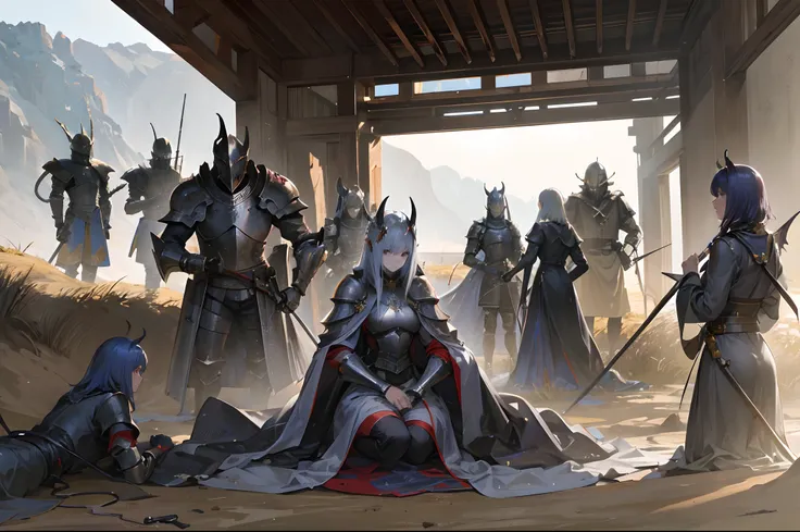 A group of knights are surrounded by an army of demons, the battlefield is barren and dry, sun shining brightly