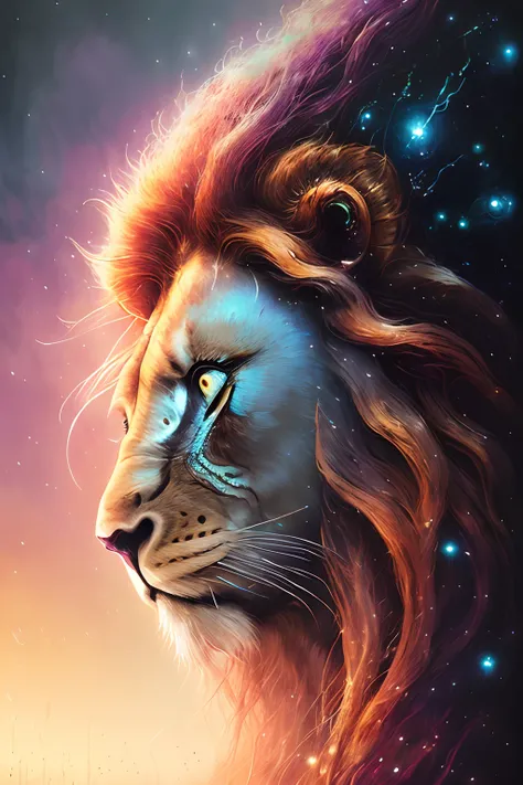 galactic lion with a lot of hair on its head, third eye, staring at something in the distance, intricate details,  electric, fantasy art, Anato Finnstark, emulsion painting, highly detailed, misty
rutkowski, hdr, hyperdetailed, rim light, faded, dim