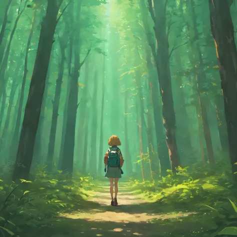 There are two children standing in the forest with backpacks, Arte infantil em Artstation, Wojtek FUS, Art not Guweiz style, Beeple e Tim Hildebrandt, Directed by: Laszlo Balogh, Menino e menina, Beeple e Greg Rutkowski, arte conceitual do menino solteiro,...