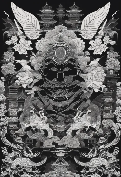 A samurai wearing a dragon halfmask and an onimask stands in front of a black and white Japanese ornament. The ornament is decorated with a skull ornament in a minimalistic style. The scene is set in a dark lighting, with bold lines and vivid colors enhanc...