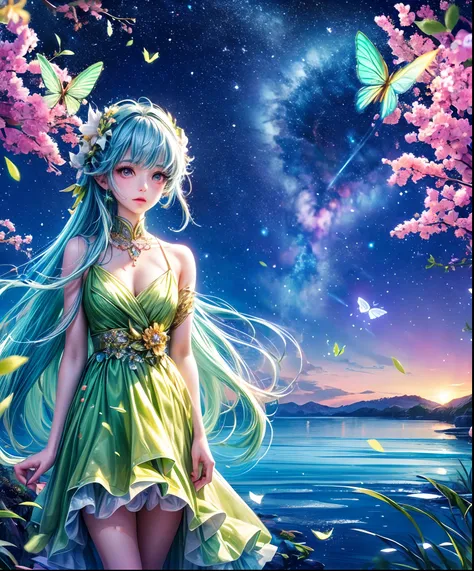 Cute girl characters、Describes a scene with grassy butterflies lying on the water flying around, Looking up at the starry sky. Surround her with colorful nebulae and her favorite constellations.