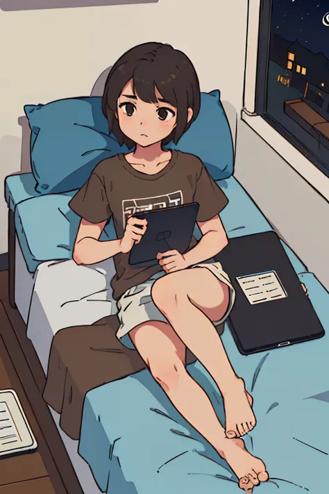 (1 girl, brown hair, brown eyes, t-shirt, short hair, teenage girl, lying on the bed, lying on the bed, holding a tablet, short hair, bare feet, distant view, night, masterpiece, high quality