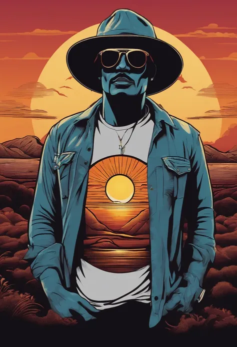 vector t-shirt design, ghost crosssing his arms with cool sun glasses on, retro sunset background, 4k