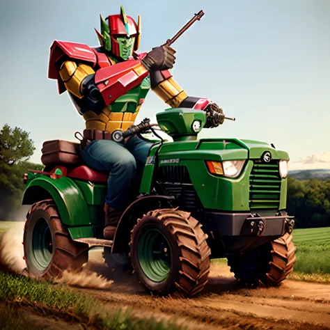 Realistic, green tractor,as giant transforming robot,male form,look like Optimus prime,