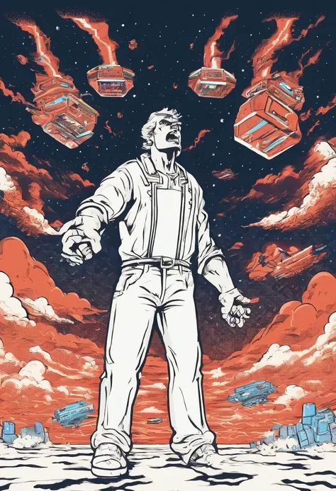 A man , dressed in white, stands on a white field, looking up at the sky with intense fear and tension on their face. Books are flying through the air, swirling around the person