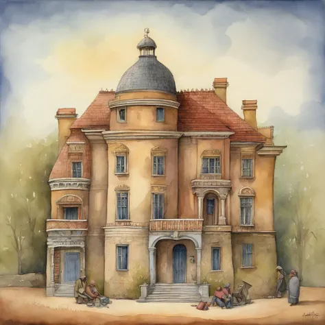 Illustrate a lavish mansion with a high wall surrounding it while homeless individuals sit outside, underscoring the contrast between wealth and poverty, in the style of pawel kuczynski