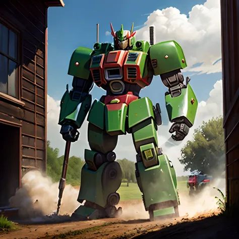 Realistic, green tractor,as giant transforming robot,male form,look like Optimus prime,