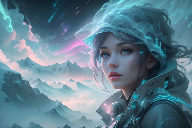 ModelShoot style, (Extremely detailed Cg Unity 8K wallpaper),cyber punk perssonage [Snowy mountain landscape with fog，snow mountains] ，Immerse yourself in the beautiful aurora，Live in the clouds of the starry sky，Behind the clouds，（multiple exposure：1.8），(...