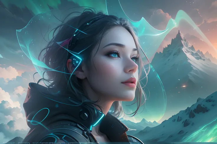 ModelShoot style, (Extremely detailed Cg Unity 8K wallpaper),cyber punk perssonage [Snowy mountain landscape with fog，snow mountains] ，Immerse yourself in the beautiful aurora，Live in the clouds of the starry sky，Behind the clouds，（multiple exposure：1.8），(...