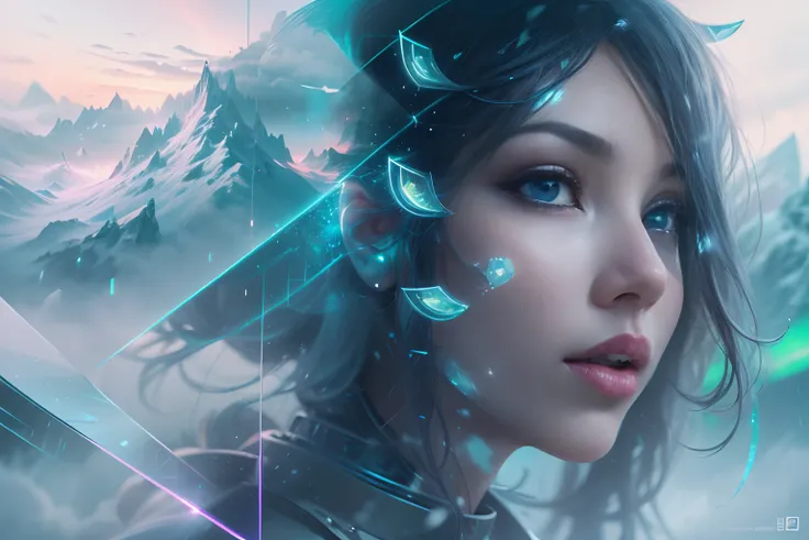 ModelShoot style, (Extremely detailed Cg Unity 8K wallpaper),cyber punk perssonage [Snowy mountain landscape with fog，snow mountains] ，Immerse yourself in the beautiful aurora，Live in the clouds of the starry sky，Behind the clouds，（multiple exposure：1.8），(...