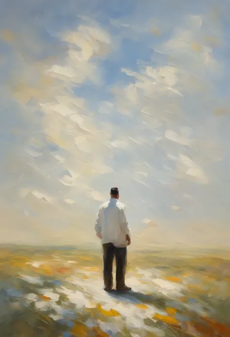 A man , dressed in white, stands on a white field, looking up at the sky with intense fear and tension on their face. Books are flying through the air, swirling around the person, The camera angle should be a low-angle shot looking up at them