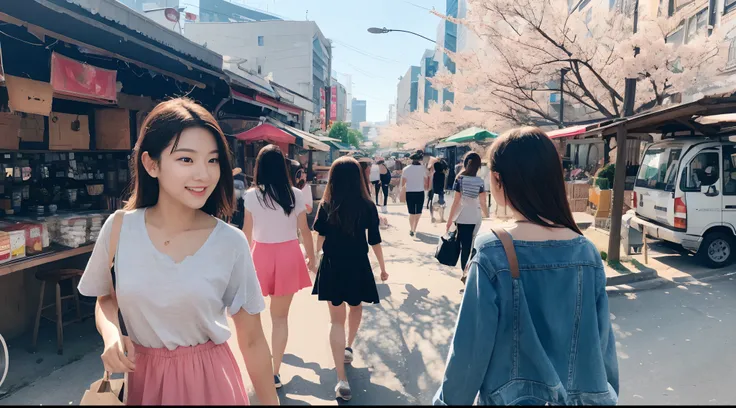 Two girls: An 18-year-old girl on the side of a road full of food stalls in Hunan Province，（Head down and play with your phone1.2）Extreme light and shadow，Aurora chase，Extremely strong reflected light，Extreme shadows，blue-sky，The sun shines on the face，enj...