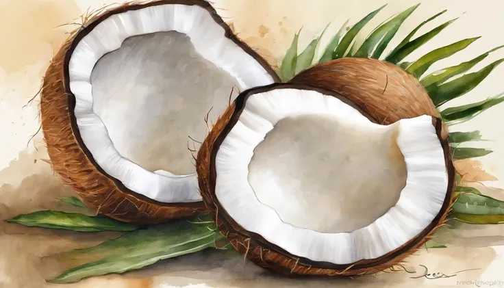 Capture the pure essence of a raw coconut in a minimalist and simple style, highlighting its textured shell and natural colors. Embrace negative space to create a serene composition that magnifies the humble beauty of this tropical delight.