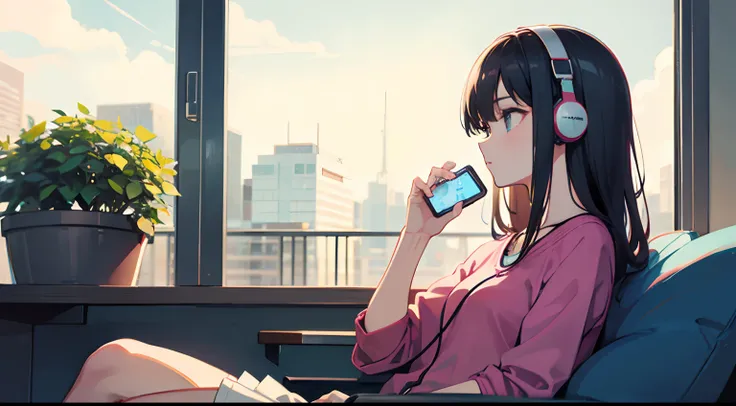 Lo-Fi on the Wi-Fi, girl listening to music, sitting down, in the phone music app open --auto