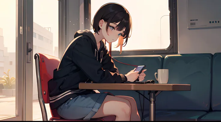 Lo-Fi on the Wi-Fi, girl listening to music, sitting down, in the phone music app open --auto