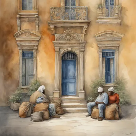 Illustrate a lavish mansion with a high wall surrounding it while homeless individuals sit outside, underscoring the contrast between wealth and poverty, in the style of pawel kuczynski, avoid smudging, ultra detailed, homeless people