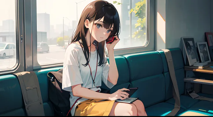 Lo-Fi on the Wi-Fi, girl listening to music, sitting down, in the phone music app open --auto