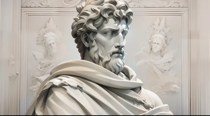 A realistic Greek white marble statue of Marcus Aurelius thoughtful detailed wearing a ghostly toga, fundo neutro, Moody, , fotorrealista, thoughtful movie dinner, super detalhada, hiper realista, luzes brilhantes, 8 K