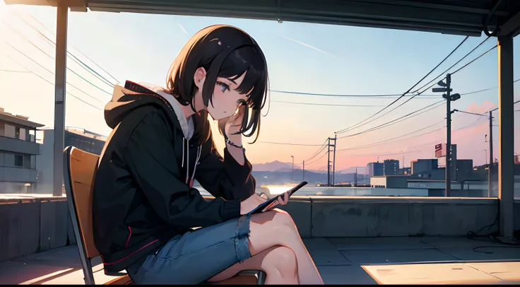 Lo-Fi on the Wi-Fi, girl listening to music, sitting down, in the phone music app open --auto