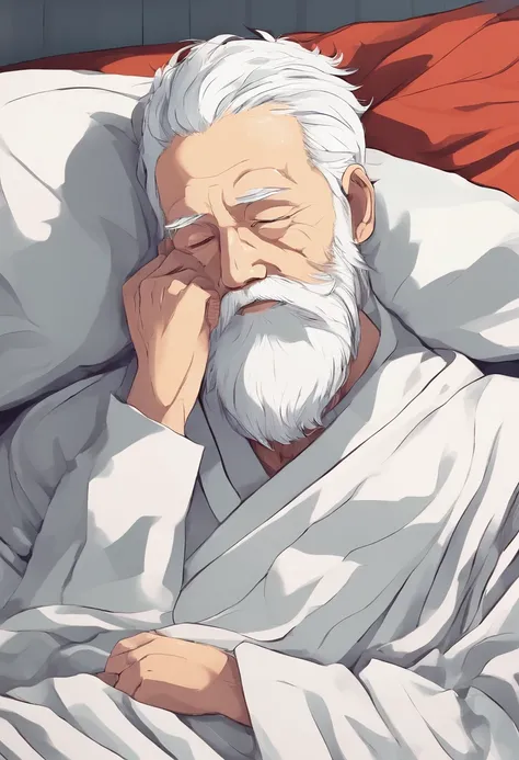 a old man，with short white hair，White beard，Lie down in bed，weak，Sick，