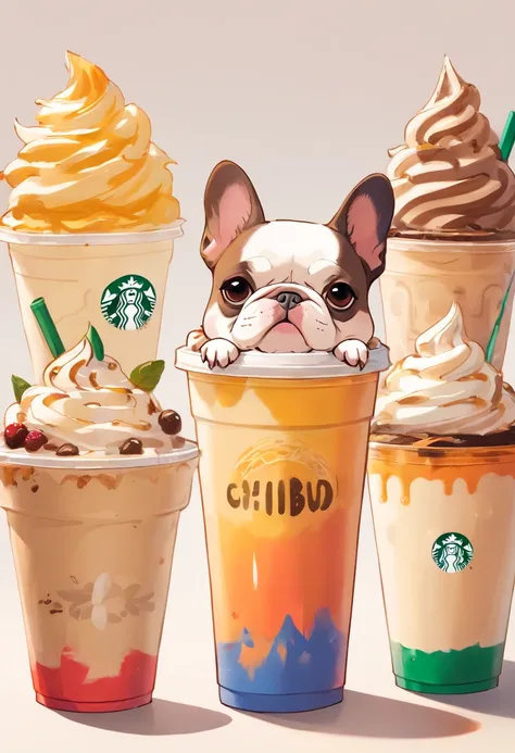 Unique, playful French bulldog-shaped cups filled with cartoon-style, colorful Starbucks-style Frappuccinos, French bulldog and Starbucks logos.