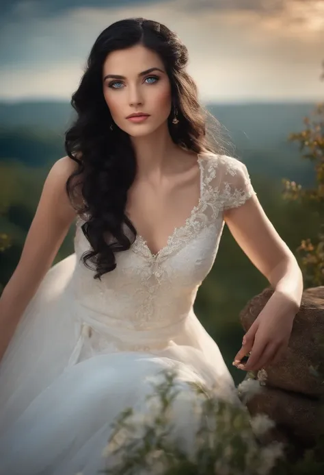 A beautiful and beautiful young princess with black hair with blue eyes, she is wearing her beautiful long white dress