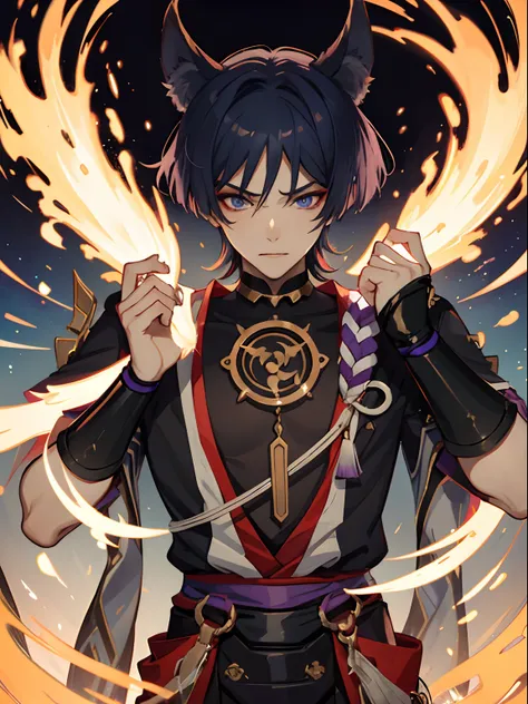 scaramouche as kitsune. he have fox ears and nine foxtails. naked. his long and veiny penis visible. only one person. he have ma...