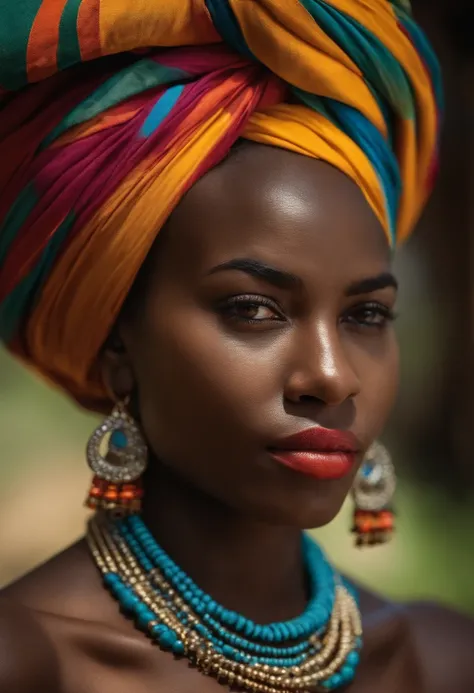 Retrato de uma jovem mulher negra da etnia quilombola do Brasil, with necklaces and colorful turban on the head, cinemactic, hiper-detalhado, detalhes, Hyper-Resolution.