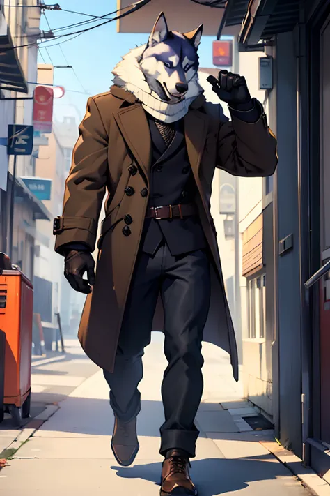 A husky anthro man wearing a wool coat and a pair of cold pants, wearing a brown booty, estilo furry, ultra hd