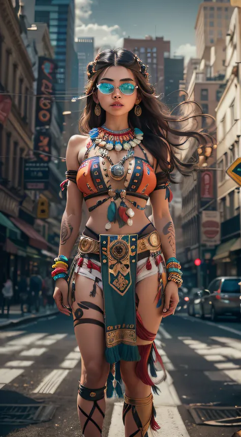 A very realistic and highly detailed portrait of a beautiful Native American woman wearing sunglasses in the future New York City , full-body , ((Zendaya is a Native American woman)) , Indigenous dress  , long  hair, Hand and body tattoos, Fashion pose, Be...