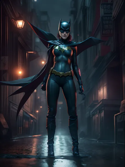 Dominatrix cyber Batwoman wearing a skin-tight uniform with a black cape in a dark and sinister narrow alley under a dim street light, (cyberpunk style), Evangelion style, mecha, (sensual pose with her hands on her waist), (rainy night with fog), Batgirl, ...