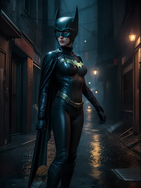 Dominatrix cyber Batwoman wearing a skin-tight uniform with a black cape in a dark and sinister narrow alley under a dim street light, (cyberpunk style), Evangelion style, mecha, (sensual pose with her hands on her waist), (rainy night with fog), Batgirl, ...