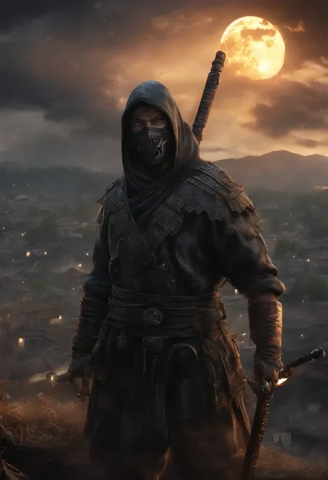 Masterpiece, premier quality, Ultra-detailed, realistic style 8k under CG unit, un ninja avec des cheveux long noir et un katana, in the middle of a village in black flames, profondeur des champs, above a mountain of corpses, accroupis, pleine lune.