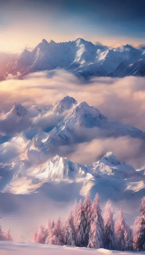 snow mountains，Rolling peaks，Oyuki，Cloudy at the foot of the mountain，Thick clouds，the setting sun，The light is depicted in detail，oc rendered，high qulity，tmasterpiece，Hyper-realistic，Ultra photo realsisim，8K，super-fine，ultra - detailed，Ultra-wide angle of...