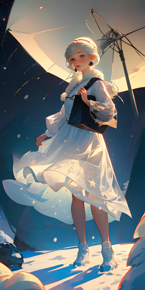 Little silver-haired girl，white dresses，Holding a jar of stars，Snow-white nine-tailed fox，starrysky