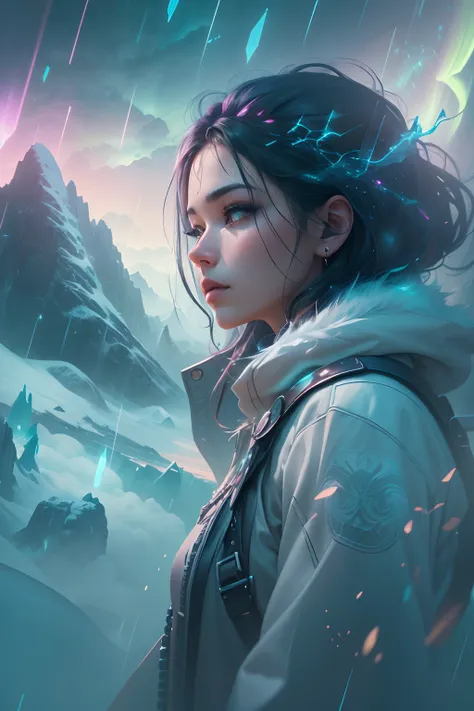 ModelShoot style, (Extremely detailed Cg Unity 8K wallpaper),cyber punk perssonage [Snowy mountain landscape with fog，snow mountains] ，Immerse yourself in the beautiful aurora，Live in the clouds of the starry sky，Behind the clouds，（multiple exposure：1.8），(...