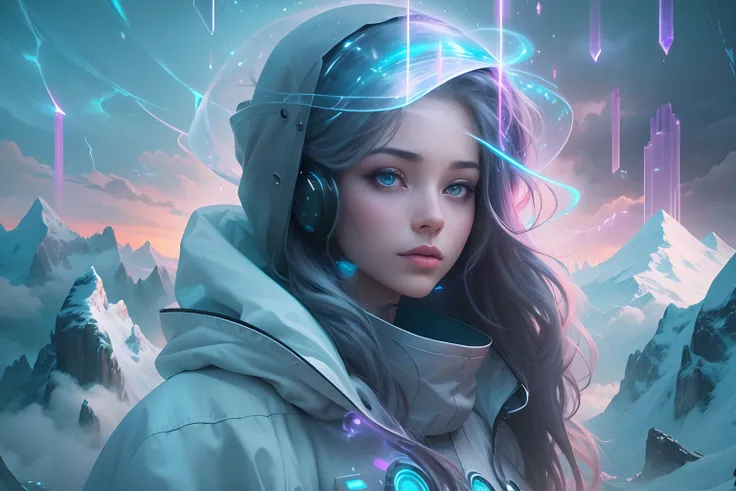 ModelShoot style, (Extremely detailed Cg Unity 8K wallpaper),cyber punk perssonage [Snowy mountain landscape with fog，snow mountains] ，Immerse yourself in the beautiful aurora，Live in the clouds of the starry sky，Behind the clouds，（multiple exposure：1.8），(...