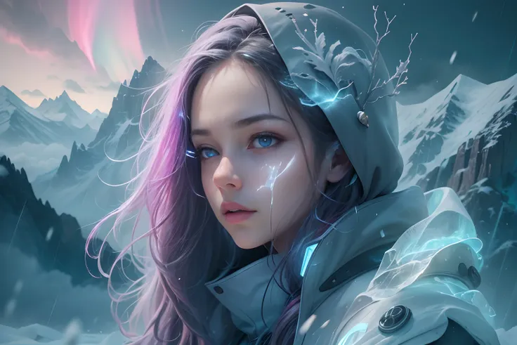 ModelShoot style, (Extremely detailed Cg Unity 8K wallpaper),cyber punk perssonage [Snowy mountain landscape with fog，snow mountains] ，Immerse yourself in the beautiful aurora，Live in the clouds of the starry sky，Behind the clouds，（multiple exposure：1.8），(...