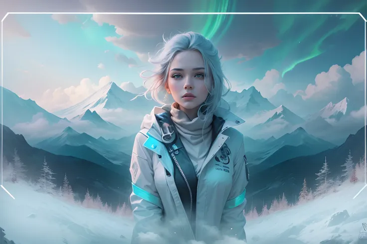 ModelShoot style, (Extremely detailed Cg Unity 8K wallpaper),cyber punk perssonage [Snowy mountain landscape with fog，snow mountains] ，Immerse yourself in the beautiful aurora，Live in the clouds of the starry sky，Behind the clouds，（multiple exposure：1.8），(...