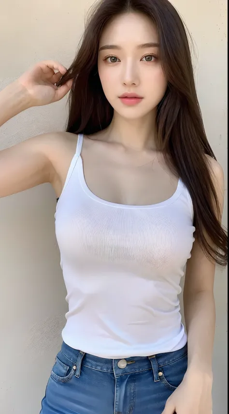 （Lifelike， A high resolution：1.3）， 1 girl with a perfect body， Super fine face and eyes，long whitr hair， Tank top of random colors：1.2， short jeans pants，