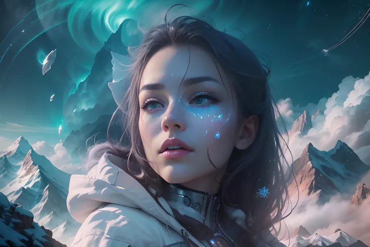 ModelShoot style, (Extremely detailed Cg Unity 8K wallpaper),cyber punk perssonage [Snowy mountain landscape with fog，snow mountains] ，Immerse yourself in the beautiful aurora，Live in the clouds of the starry sky，Behind the clouds，（multiple exposure：1.8），(...