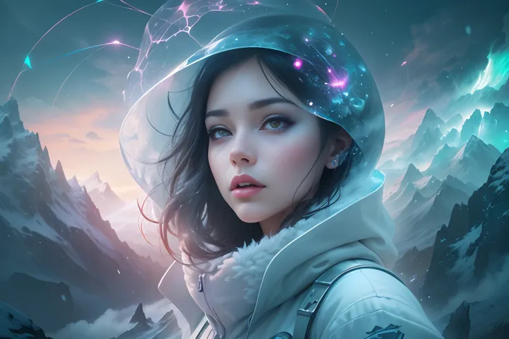 ModelShoot style, (Extremely detailed Cg Unity 8K wallpaper),cyber punk perssonage [Snowy mountain landscape with fog，snow mountains] ，Immerse yourself in the beautiful aurora，Live in the clouds of the starry sky，Behind the clouds，（multiple exposure：1.8），(...