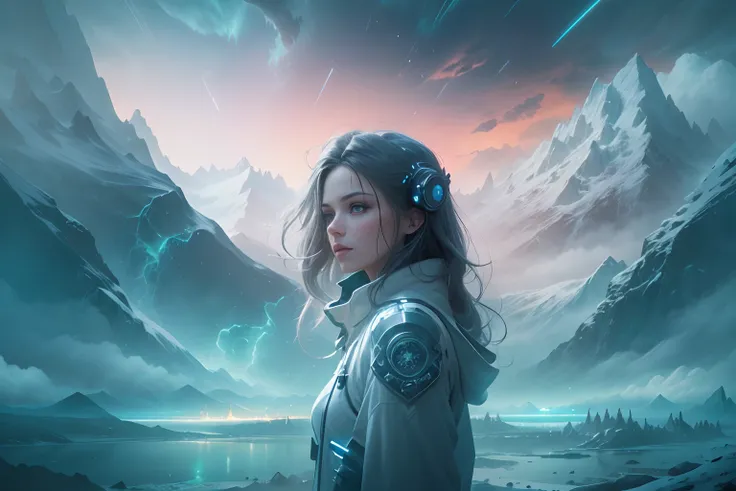 ModelShoot style, (Extremely detailed Cg Unity 8K wallpaper),cyber punk perssonage [Snowy mountain landscape with fog，snow mountains] ，Immerse yourself in the beautiful aurora，Live in the clouds of the starry sky，Behind the clouds，（multiple exposure：1.8），(...