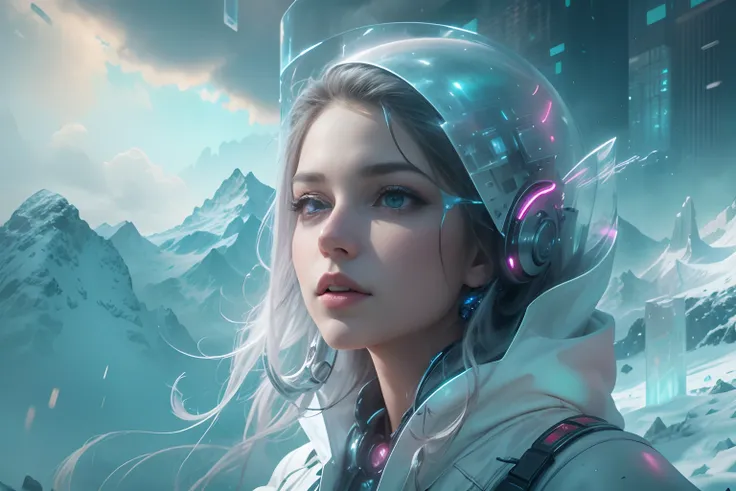 ModelShoot style, (Extremely detailed Cg Unity 8K wallpaper),cyber punk perssonage [Snowy mountain landscape with fog，snow mountains] ，Immerse yourself in the beautiful aurora，Live in the clouds of the starry sky，Behind the clouds，（multiple exposure：1.8），(...