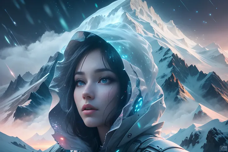 ModelShoot style, (Extremely detailed Cg Unity 8K wallpaper),cyber punk perssonage [Snowy mountain landscape with fog，snow mountains] ，Immerse yourself in the beautiful aurora，Live in the clouds of the starry sky，Behind the clouds，（multiple exposure：1.8），(...